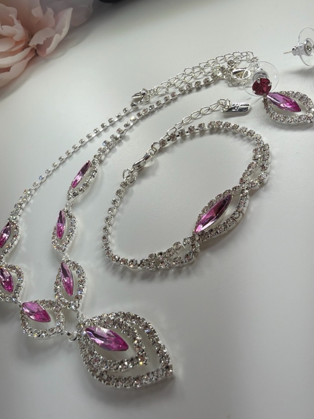 Silver and Pink Crystal Necklace & Bracelet Set
